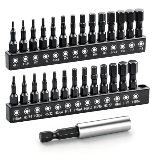 GRENPRO 27Pcs Impact Hex Bit Set, Metric & SAE | 1/4" Hex Magnetic Bits, S2 CNC Screwdriver Bit Set, Allen Wrenches Sets, Magnetic Allen Key Drill Bits Automotive Home - size: 1" 27pcs(Metric&SAE)