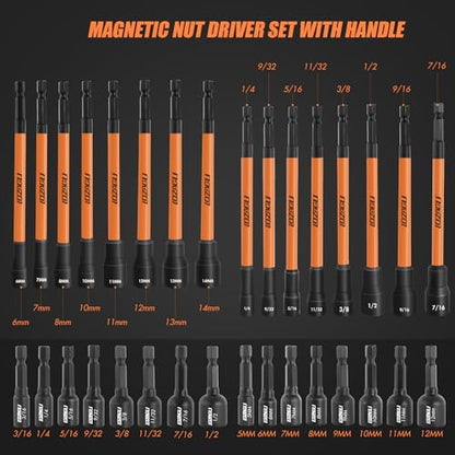 33PCS Magnetic Nut Driver Set with Long Handle | 6 Inch Long Nut Driver Set | SAE and Metric | 1/4 Inch Hex Shank | Cr-V Steel