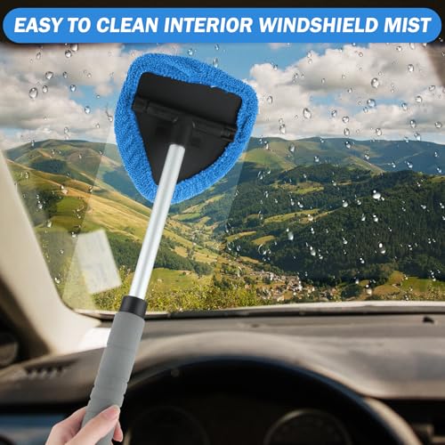 8 Pcs Car Window Cleaner Kit Triangle Shape Include Windshield Cleaning Tool with Extendable Handle 5 Microfiber Bonnets 1 Car Ventilation Brush 1 Empty 50ml Spray Bottle Glass Wiper Kits, Blue - color: Blue