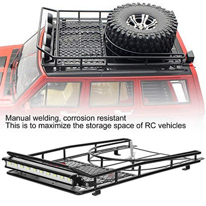 Metal Roof Rack Luggage Carrier for RC Crawler Car, RC Roof Rack with LED Light Strip, Sturdy Durable Metal Cargo Carrier with Spare Tire Mount for HSP