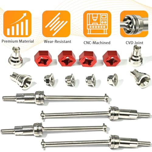 Hardened Steel CVD Driveshaft Front Rear with Hexs, Nuts, Drive Center Cup, Drivershaft Dogbone CVD Compatible with ARRMA 1/18 Mojave Granite GROM ARA2102, Replace #ARA311198 (Silver,Red) - color: Silver-red