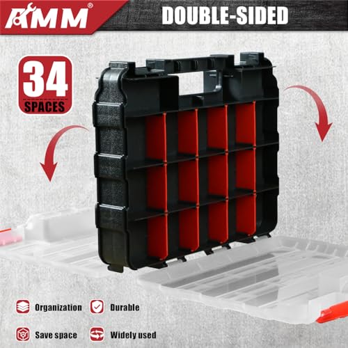 AMM Tool Box, Double Side Tool Box Organizer with 34 Compartments, Removable Dividers, Tackle Box Small Parts Screw Hardware Organizer for Screws, Nuts, Nails and Bolts (2 Piece, Red) - size: 2PC