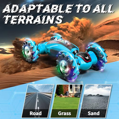 Gesture Sensing RC Stunt Car with Light Music and Mist Spray for Kids 6+, 4WD Off-Road Drift Remote Control Car, 2.4GHz Glove Remote, Rechargeable Toy Vehicle for Boys and Girls Birthday Gift - color: Blue