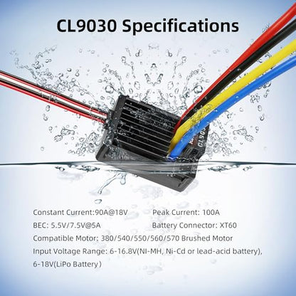 Radiolink CL9030 90A 2S-4S RC Brushed ESC Waterproof 5A BEC 5.5V/7.5V | Electronic Speed Controller for RC Crawler Tank Truck Car Boat 1/10 XT60 Plug
