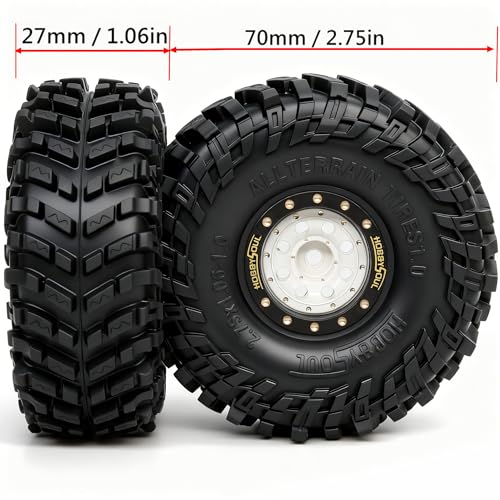 HOBBYSOUL 70 * 27mm All Terrain 1.0 Tires & Brass 1.0 beadlock Wheels Set - Adjustable Offset 1.0 Wheel and Soft Sticky 1.0‘’ tire for RC Crawler TRX4M SCX24 Upgrades, Black & White - color: Black & White