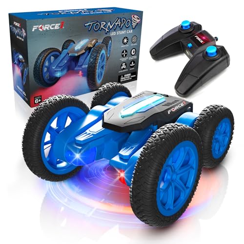 Force1 Tornado Blue LED Remote Control Car for Kids- Double Sided Driving Fast RC Cars 360 Flips, Outdoor 4WD Off Road Stunt RC Car, All Terrain Tires, RC Crawler Rechargeable Battery, 2.4GHz Remote - color: Blue Tornado