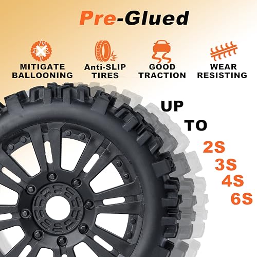 1/8 Scale RC Buggy Tires 17mm Hex RC Wheels and Tires PreGlued 17mm Hex 1/8 RC Buggy Tires and Wheels with Foam Inserts, for Arrma Typhon 6S 3S Talion 6S, Team Losi 8IGHT, HPI 4PCS - color: Black With Rc Wrench