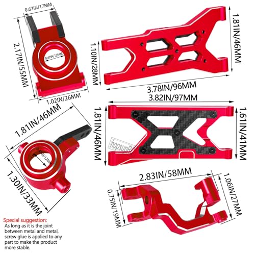 RC Carbon Fibre Front Rear Suspension Arms Rear Hubs Front Steering Block Knuckles & C-Hubs Caster Blocks Upgrades Parts for 1/10 Senton/Granite/Vorteks3S Blx & Mega 550 RC Car.Red - color: Red(for 1/10)