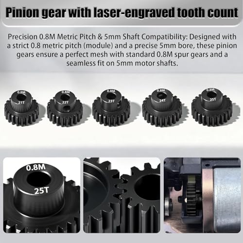 5Pcs 0.8M Hardened Steel Pinion Gear Set 5mm Shaft 21T 22T 23T 24T 25T Motor Pinion Gear with M4 Screw and Hex Key, for Arrma HPI Kyosho Losi Axial Traxxas Tamiya 1/10 RC Car and 540/550 Motors - size: 0.8M-5mm-21-25T