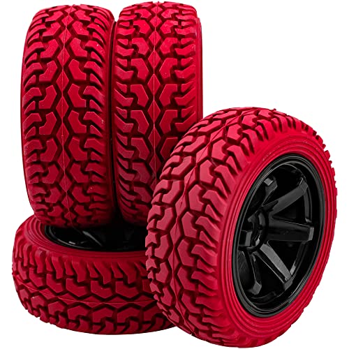 75mm/2.95'' Rubber Tires & Plastic Wheel Rims 12mm Hex Hub Compatible with Traxxas 4tec 2.0 HSP Tamiya HPI Kyosho 1/10 On-Road Touring Car, WLtoys 1/14 144001 RC Buggy (Red) - color: Red