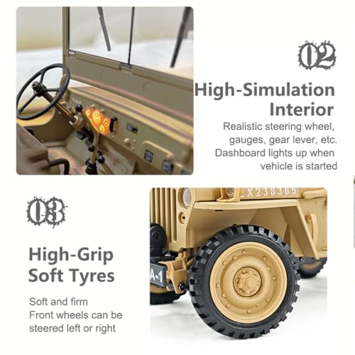 RC Off-Road Truck, HG4-58 U.S. Willys 1/14 Scale 4WD, 2.4GHz Dual-Speed, Sound & Lights, Charging Protection, RTR Gift for Model Car Lovers - color: Army Green