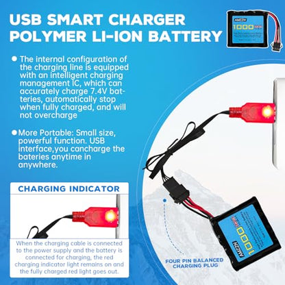 7.4V 1000mAh 2S Li-ion Battery with SM-4P Plug and USB Charging Cable for DE36W DE65 NO.1809 RC Toy Car, Off-Road Vehicle Climbing Drift Racing Battery