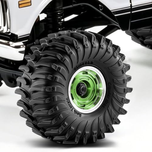 1.0" Beadlock Aluminum Wheels and 64mm Soft Rubber Tires | for SCX24, TRX4M, Ascent 18, FCX24, 1/18 1/24 RC Crawler, 7mm Hex, 0mm Offset, with Foam Inserts, (Green A) - color: Green a