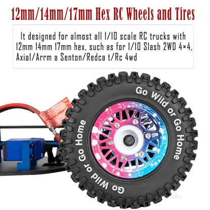 RC Wheels Tires Truck Tires 12mm/14mm/17mm Hex for 1/10 Slash 4×4 4WD 2WD/Axia1/Arrm a Senton/Redca t/Rc4w d,w/RC Wheels Hex Detachable Replace Running on Off-Road Tires,Colorful - color: Colorful- (Wheel Tires)