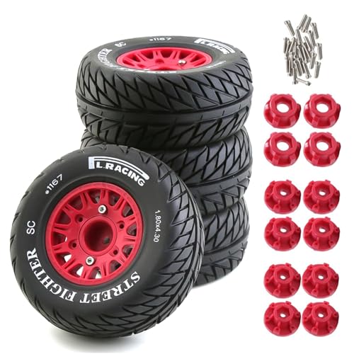 1/10 RC Short Course Truck Tires And Wheels With 12mm 14mm 17mm Hex 113mm 1/8 Rubber Tyres For 1/8 or 1/10 Scale On Road Car HSP Sonic 94102 GT PTG-2 Tamiya TT02 RC Racing Car 4PCS (Red B) - color: Red B