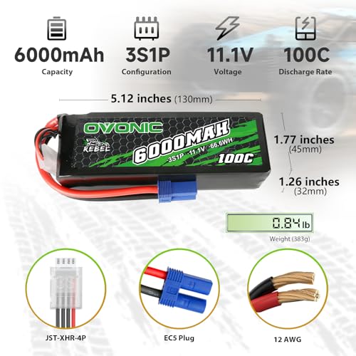 OVONIC 3S Lipo Battery 100C 6000mAh 11.1V Lipo Battery with EC5 Connector for Arrma 1/5 1/8 1/10 RC Car and Truck