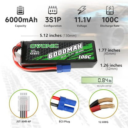 OVONIC 3S Lipo Battery 100C 6000mAh 11.1V Lipo Battery with EC5 Connector for Arrma 1/5 1/8 1/10 RC Car and Truck