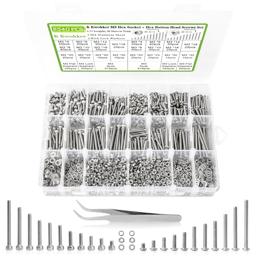 2540Pcs M3 Screws 4MM to 35MM, Socket Head & Button Head Screws, 304 Stainless Steel Assorted Nuts and Bolts Assortment Kit M3 Screw Kit with Nuts, Washer and Lock Washers - size: J. M3