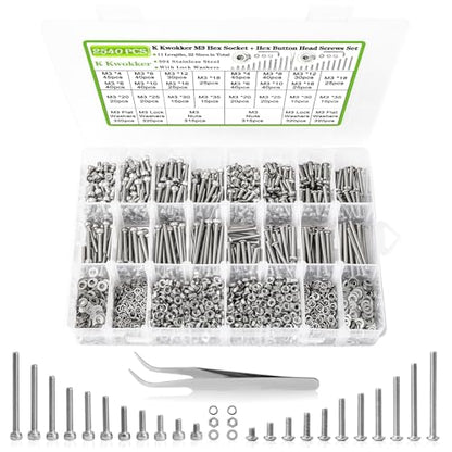 2540Pcs M3 Screws 4MM to 35MM, Socket Head & Button Head Screws, 304 Stainless Steel Assorted Nuts and Bolts Assortment Kit M3 Screw Kit with Nuts, Washer and Lock Washers - size: J. M3