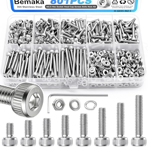 801PCS M2.5 Screws Kit, M2.5x4/6/8/10/12/16/20/25mm Hex Socket Head Cap Screws Bolts Nuts Washers Kit, 304 Stainless Steel M2.5 Bolts Metric Screws for 3D Printing - size: SS M2.5 x 4/6/8/10/12/16/20/25mm, style: Socket Head