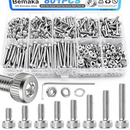 801PCS M2.5 Screws Kit, M2.5x4/6/8/10/12/16/20/25mm Hex Socket Head Cap Screws Bolts Nuts Washers Kit, 304 Stainless Steel M2.5 Bolts Metric Screws for 3D Printing - size: SS M2.5 x 4/6/8/10/12/16/20/25mm, style: Socket Head