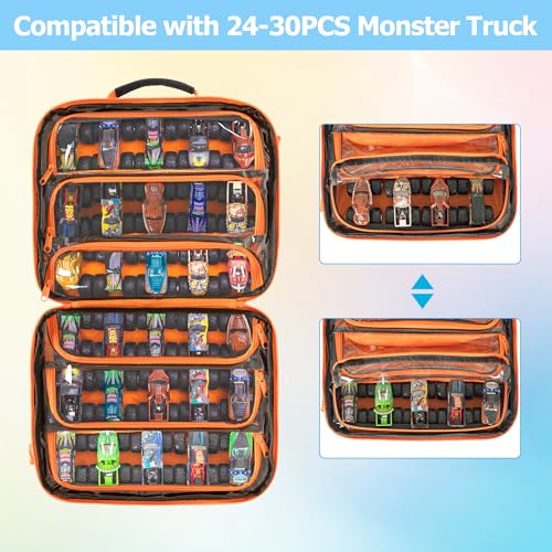 GRAOSO Toy Cars Carry Case Compatible with Hot Wheels Monster Trucks, Blue | Travel Truck Storage Compatible with Monster Jam Trucks up to 30, Display Front Pocket for 1:64 Scale Mini Toy Cars, Bag Only
