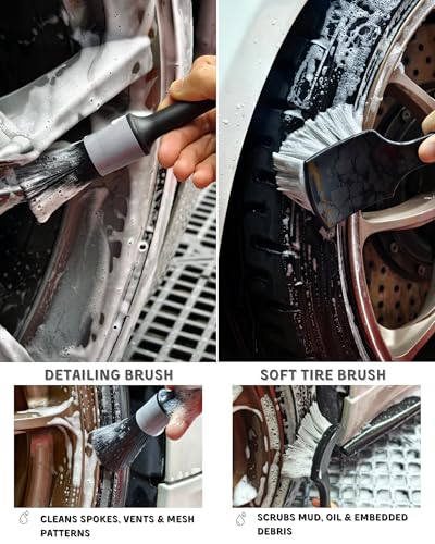 8PCS Pro Wheel Cleaning Kit - Synthetic Wool Brushes, Detailing Brush, Tire Brush, Wash Mitt, Drying Towel & Carry on Bag - Scratch-Free Rim Cleaning Kit - color: Grey & Black