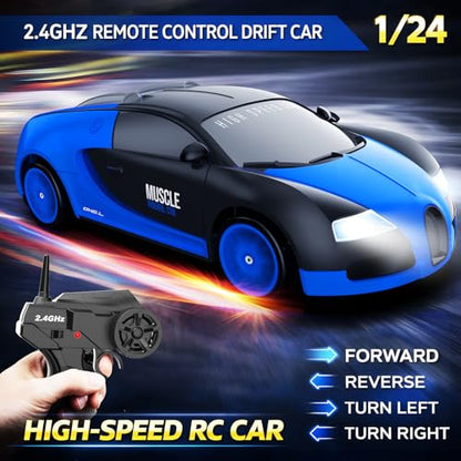 Remote Control Car RC Drift Car 2.4GHz 1:24 Scale 4WD 15KM/H High Speed Model Vehicle with LED Lights Drifting Tire Racing Sport Toy Car for Adults Boys Girls Kids Gift - color: H-blue