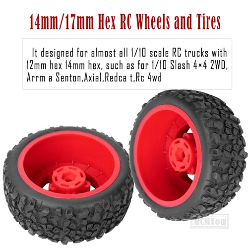 Rc Truck Tires 12mm/14mm/17mm Hex RC Wheels Tires for 1/10 Slash 4×4 2WD,Arrm a Senton,Axia1 Redca t Rc 4wd,w/RC Wheels Hex Detachable Replace Running on Off-Road Tire,Red - color: Red