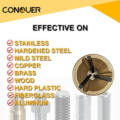 CONQUER Deburring External Chamfer Tool, Tungsten Blade, Fits 1/8"-3/4" | For Steel, Copper, Brass, Aluminum, PVC & Wood. 1/4" quick-release shank, spark-free 0-400 RPM. Repairs bolts, rods & pipes - size: PREMIUM TUNGSTEN Blade 1/8"-3/4"(3mm-19mm)