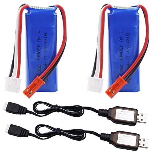 Blomiky 2 Pack 7.4V 450mAh 25C JST Plug Lipo Rechargeable Battery with Charger Cable for WLTOYS 284131 P939 K969 K979 K999 K989 P929 281431 RC Trucks K969 Battery 2