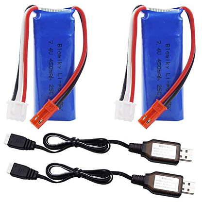 Blomiky 2 Pack 7.4V 450mAh 25C JST Plug Lipo Rechargeable Battery with Charger Cable for WLTOYS 284131 P939 K969 K979 K999 K989 P929 281431 RC Trucks K969 Battery 2