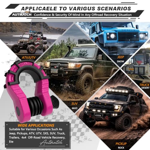 AUTMATCH D Ring Shackles 3/4" Mega Shackle (2 Pack) 68,000Ibs Break Strength - Heavy Duty Clevis Shackles with 7/8" Screw Pin and Isolator Washer for Tow Strap Winch Off Road Vehicle Recovery, Pink - color: Pink & Black