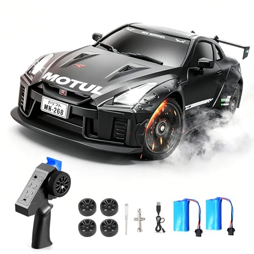 MN-268 RC Drift Car, 1:16 Scale High Speed 20 KPH Racing Drift Car with Gyro, LED Lights and Drift Tires, 2.4G Hobby RC Cars Gift for Adults and Teens (Black) - color: Black, size: 2 Batteries