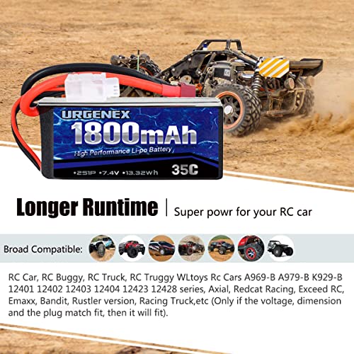 7.4V Lipo Battery 2S 35C 1800mAh Rechargeable RC Battery Pack with Deans T Plug Campatibal with Most 1/10, 1/16 Scale RC Cars Trucks and 7.4V 1to2 USB Lipo Battery Charger