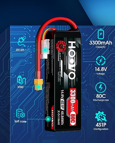 HOOVO 4S Lipo Battery 14.8V 80C 3300mAh RC Lipo Battery XT60 Plug 2 Pack | Softcase, for RC Boat, RC Car, Truck, RC Drone Quadcopter Helicopter Airplane FPV