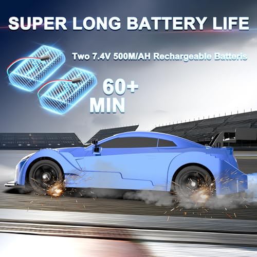 Remote Control Car RC Drift Car 1:16 Scale 4WD 18KM/H High Speed Model Vehicle 2.4GHz with LED Lights Spray Rubber Tire Racing Sport Toy for Adults Boys Girls Kids Gift 2Pcs Rechargeable Batteries - color: C-blue
