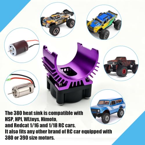 Aluminum 380/390 Motor Heatsink Cooling Fan with Y Cable Dupont Fits for 16101 16102 16103 16104 16106 16201 SCY JJRC C8805 MJX HBX HSP Wltoys Himoto Redcat 1/16 1/18 RC Car (Purple) - style: Purple