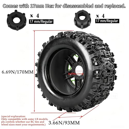 RC Wheels and Tires Set(4PCS) for 1/8 1/10 Monster Truck Tires,Traxx as/Arrm a 6S/Summi t/E Rveo/T-Maxx RC Off-Road etc,17mm Hex Tire and Wheels/Plastic Rims,Green and Black - color: Green and Black- (Wheels Tires)