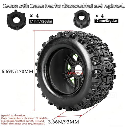 RC Wheels and Tires Set(4PCS) for 1/8 1/10 Monster Truck Tires,Traxx as/Arrm a 6S/Summi t/E Rveo/T-Maxx RC Off-Road etc,17mm Hex Tire and Wheels/Plastic Rims,Green and Black - color: Green and Black- (Wheels Tires)