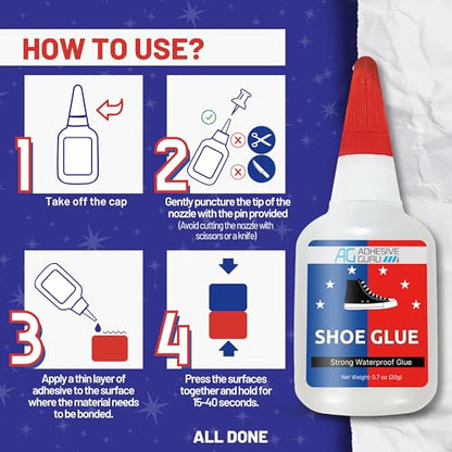 Adhesive Guru Professional Shoe Glue (0.7 oz), Shoe Sole Repair, Ultimate Shoe Repair Glue, Suitable for Sports Shoes, Sneakers, Boots, Sandals etc. Compatible with CA Accelerator - 1 Pack - size: 1 Pack, style: Shoe Glue