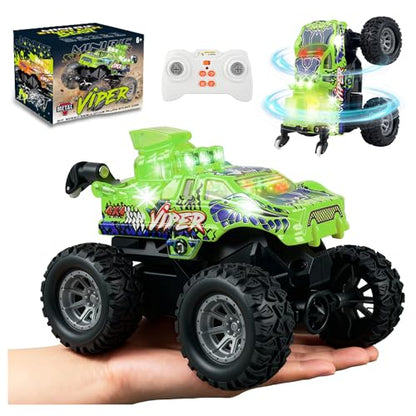 BEZGAR Monster Truck Toys - 2.4GHz 1:64 Remote Control Car with Colorful Lights, 360° Spins, Metal Shell - Remote Control Monster Truck for Boys Girls Age 6, 7, 8, 9, 10 Years Old(Green) - color: Green