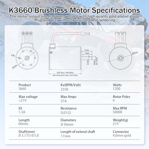 Surpass 3660 2350KV Brushless Motor for 1/10 RC Car Buggy Monster | Shaft 3.175mm 21V 4-Pole Design, IP67 Waterproof Rc Motor for 1:10th Rc Car - style: KK3660 Motor 2350KV
