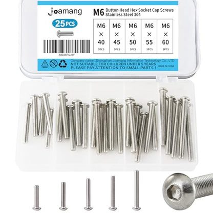 M6 x 40mm 45mm 50mm 55mm 60mm Button Head Socket Cap Screws Bolts, Stainless Steel 304, Metric Allen Hex Drive, Bright Finish, Fully Threaded, Assortment Kit 25PCS - size: Button M6x40-60 mm