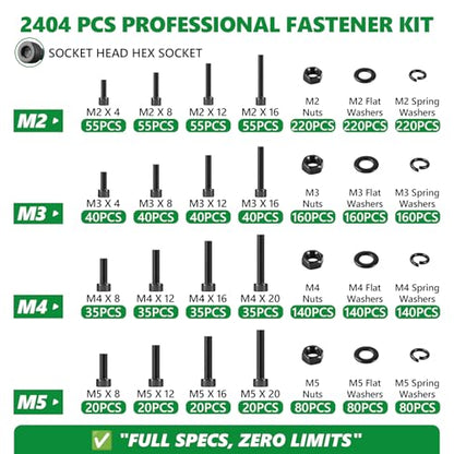 2404PCS Screw Assortment Kit, M2-M5 12.9 Alloy Steel Hex Socket Cap Bolts | With Nuts & Flat Washers & Lock Washers & Wrench, Black Zinc Plated High-Tensile, Length 4-20mm, for 3D Printing, DIY, Home - size: M2 M3 M4 M5 2404pcs 3