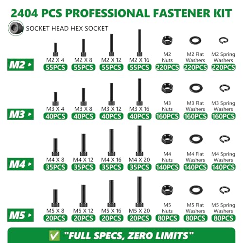 2404PCS Screw Assortment Kit, M2-M5 12.9 Alloy Steel Hex Socket Cap Bolts | With Nuts & Flat Washers & Lock Washers & Wrench, Black Zinc Plated High-Tensile, Length 4-20mm, for 3D Printing, DIY, Home - size: M2 M3 M4 M5 2404pcs 3
