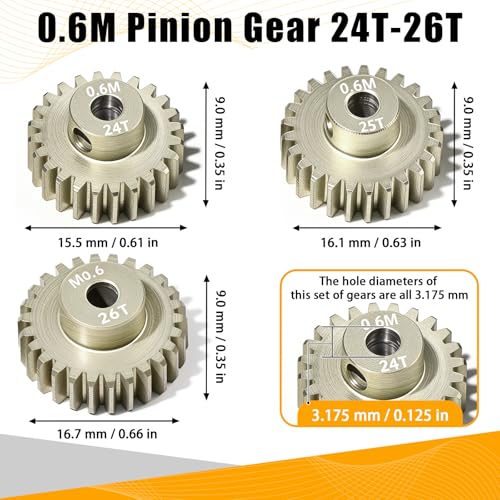 3PCS 0.6 Mod 0.6M Pinion Gear Set 24T 25T 26T, 7075 Aluminum Alloy with 3.175mm Bore for 540 550 Brushed Brushless Motors, Fits for 1/10 Tamiya Redcat HSP HPI RC Cars - size: 24 25 26T
