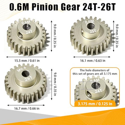 3PCS 0.6 Mod 0.6M Pinion Gear Set 24T 25T 26T, 7075 Aluminum Alloy with 3.175mm Bore for 540 550 Brushed Brushless Motors, Fits for 1/10 Tamiya Redcat HSP HPI RC Cars - size: 24 25 26T