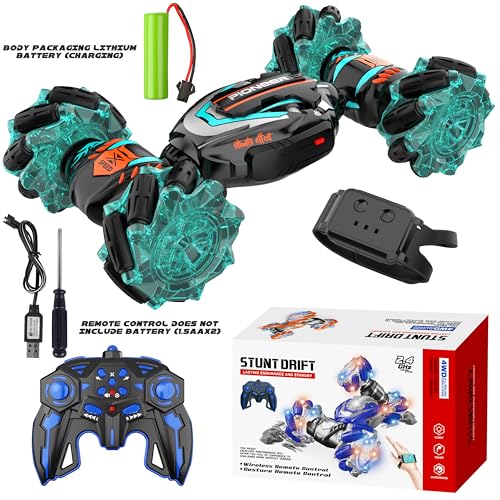 Gesture Sensing RC Stunt Car, Hand Controlled Remote Control Twist Cars | 4WD Remote Control Car with Lights, Music & Spinning Stunt, Birthday Toy Gift for Kids Boys Girls Age 6 7 8 9 10 11 12 - color: Black Blue