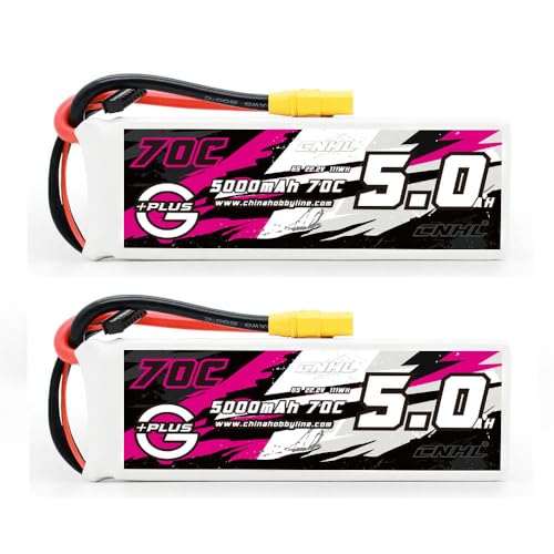 CNHL 5000mAh 6S Lipo Battery 22.2V 70C Soft Case with XT90 Plug for RC Car Airplane Truck Boat Racing Drone(2 Packs